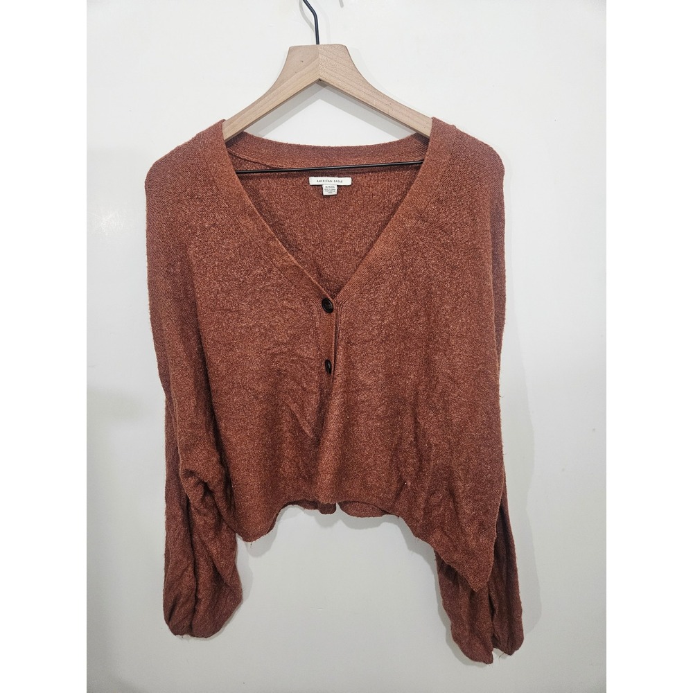 American Eagle Cropped Cardigan Sweater Rust Orange V-Neck XL 0796-7075